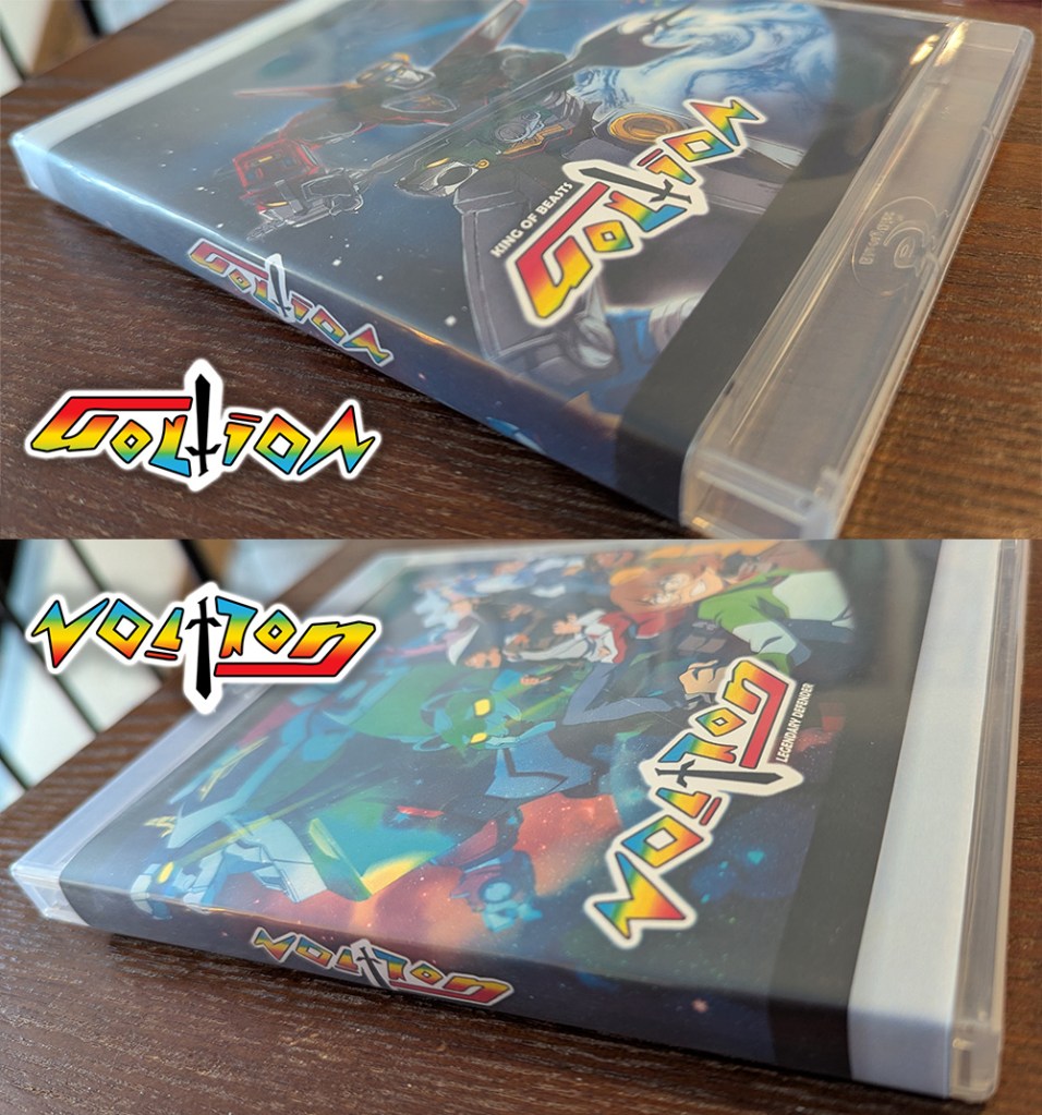 Two shots of a blu-ray case, highlighting an ambigram logo that reads "Voltron" or "GoLion"